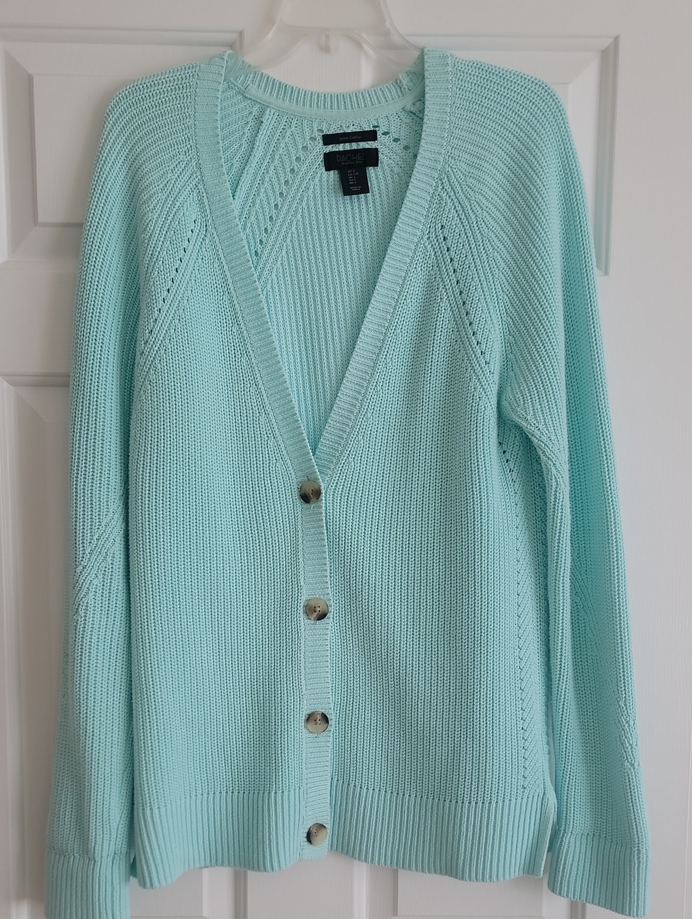 RACHEL Rachel Roy Mint-Aqua V-Neck Button Cardigan 100% Cotton, Size L